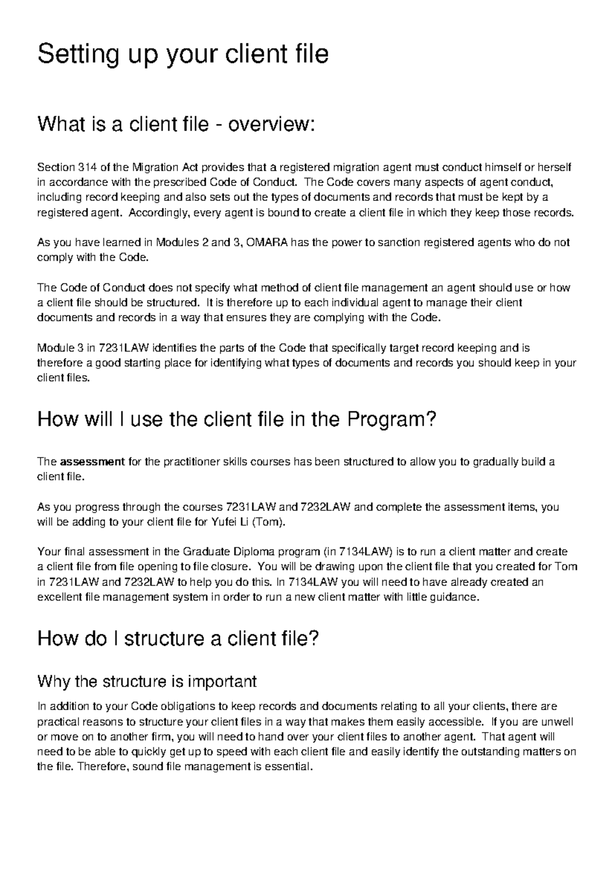 3.3 Client File Setup for Migration Agents in 7231LAW & 7232LAW - Studocu