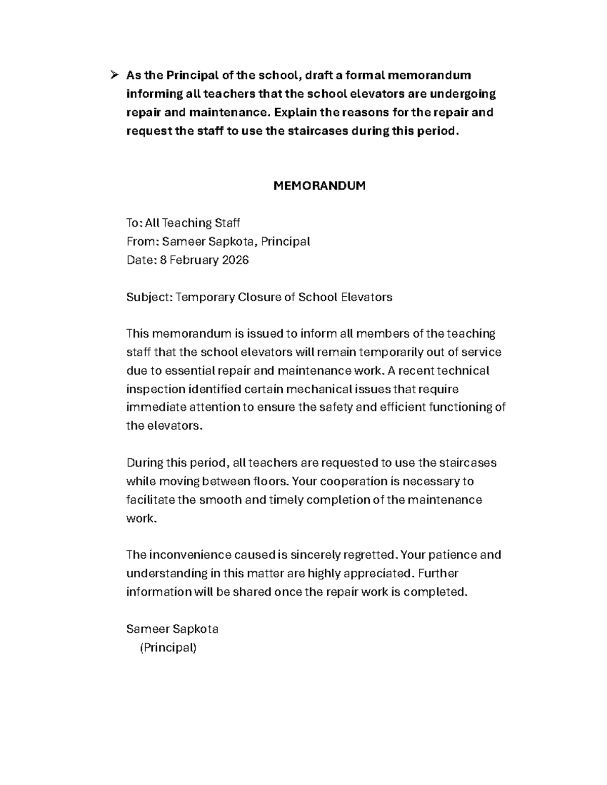 Memo: Elevator Repair Notification for All Teachers - Studocu