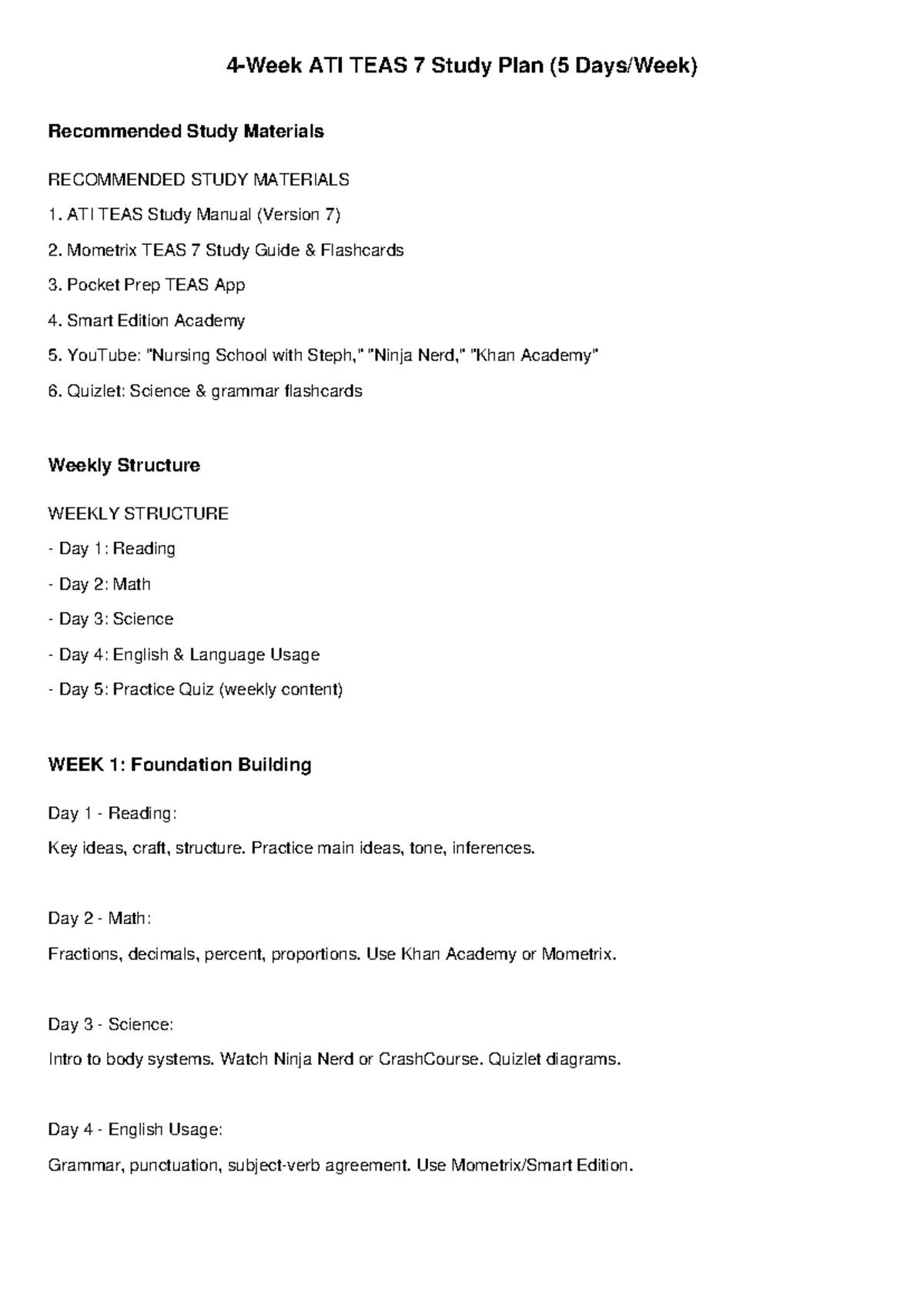 ATI TEAS 7 4-Week Study Plan with Recommended Materials - Studocu