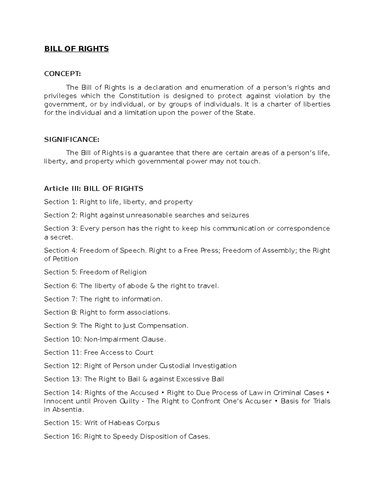 Notes ON THE BILL OF Rights 1 - BILL OF RIGHTS CONCEPT: The Bill of ...