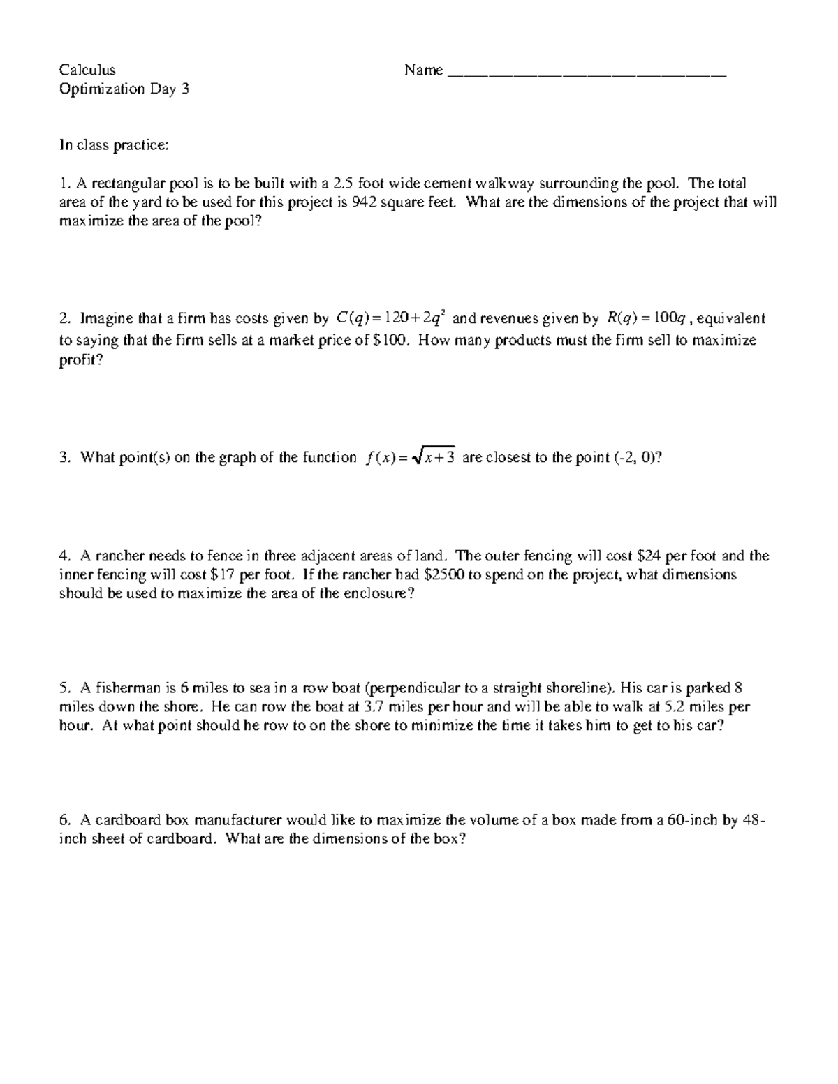 Calc 3.6 Day 3 CW and HW Optimization - Calculus Name