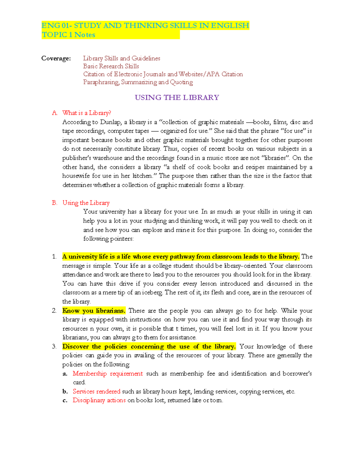 Study and Thinking Skills Topic 1: Library & Research Skills Guide ...