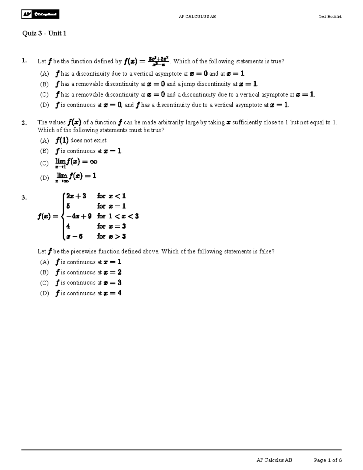 AP CALCULUS AB Quiz 3 - Unit 1: Discontinuities and Continuity - Studocu