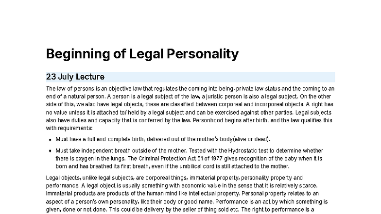 Beginning of Legal Personality: Legal Status and Capacity Overview (23 ...