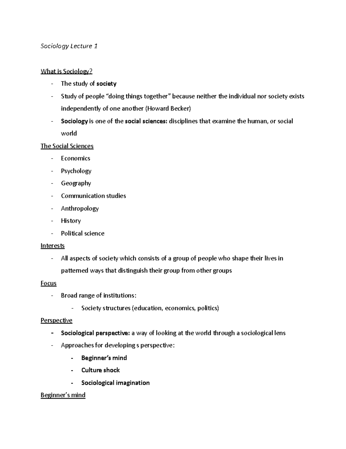 Sociology Lecture 1 - detailed notes from class - Sociology Lecture 1 ...
