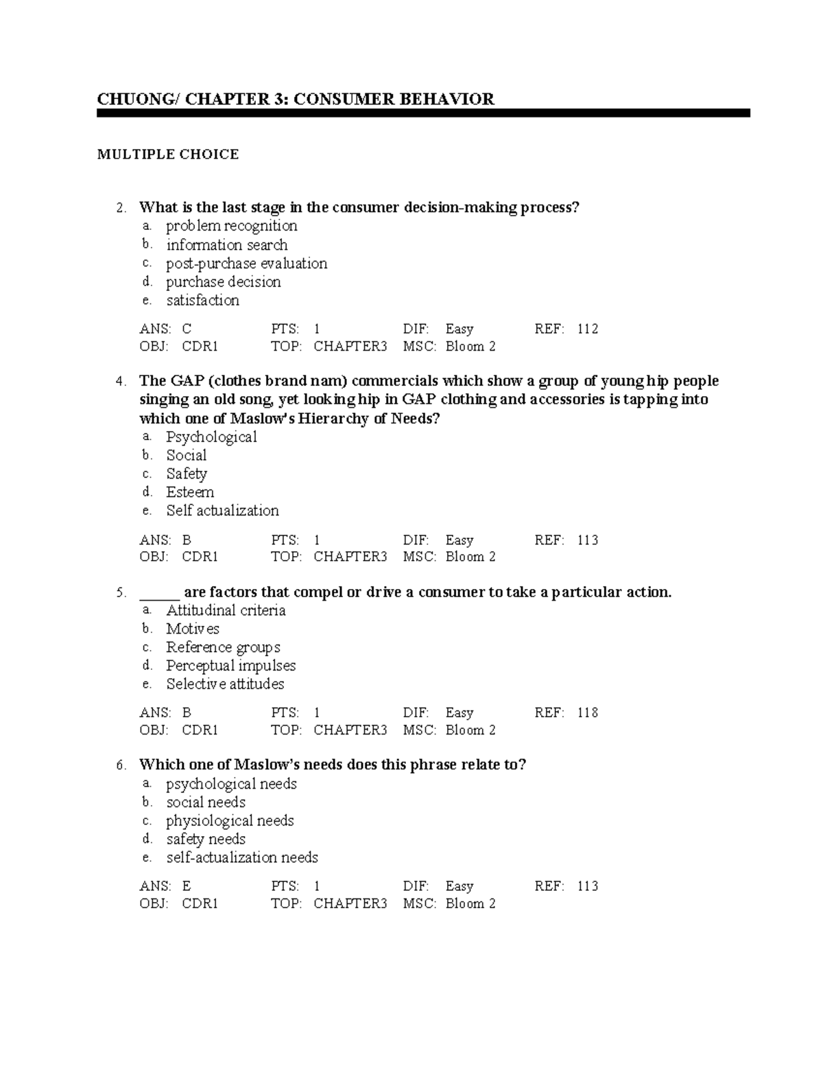Chapter 3 - CHUONG/ CHAPTER 3: CONSUMER BEHAVIOR MULTIPLE CHOICE 2 ...
