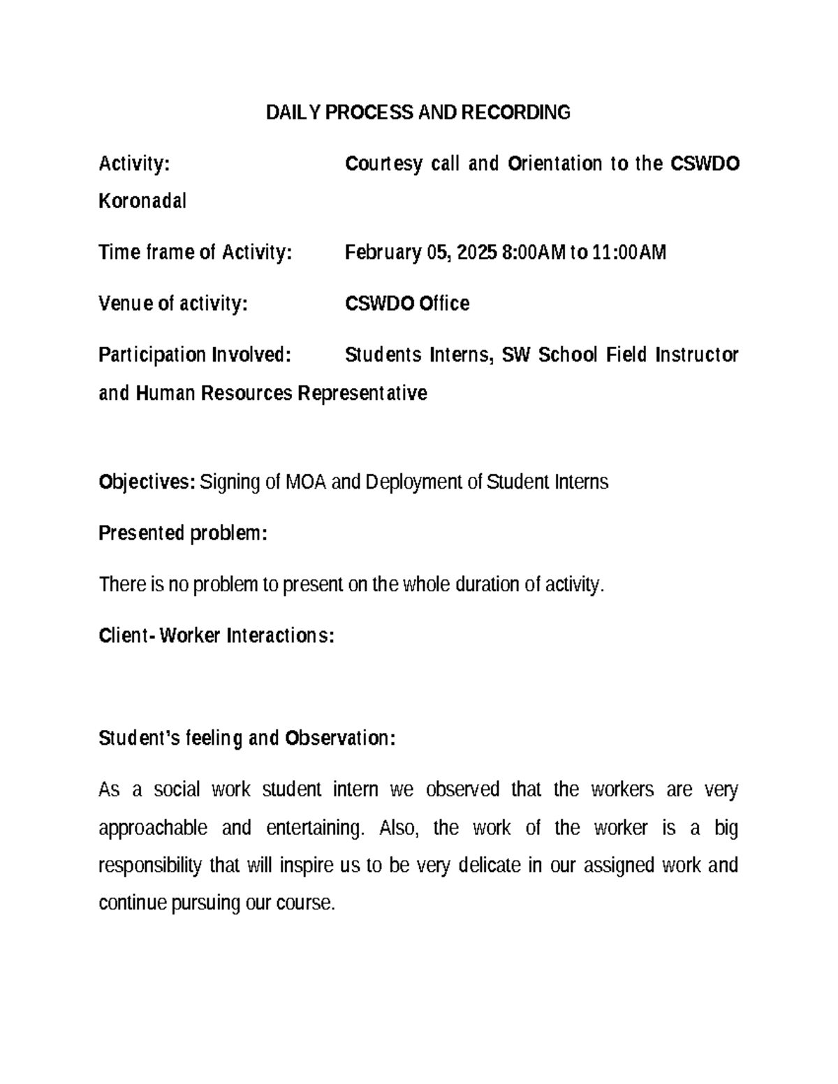 DAILY PROCESS RECORDING: Social Work Intern Activities (Feb 2025) - Studocu