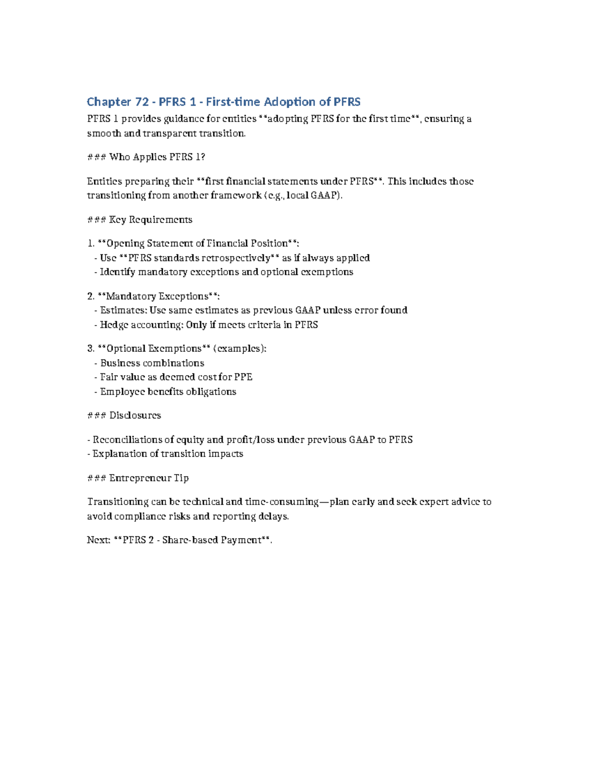 Chapter 72 - PFRS 1: First-time Adoption of PFRS Guidelines - Studocu