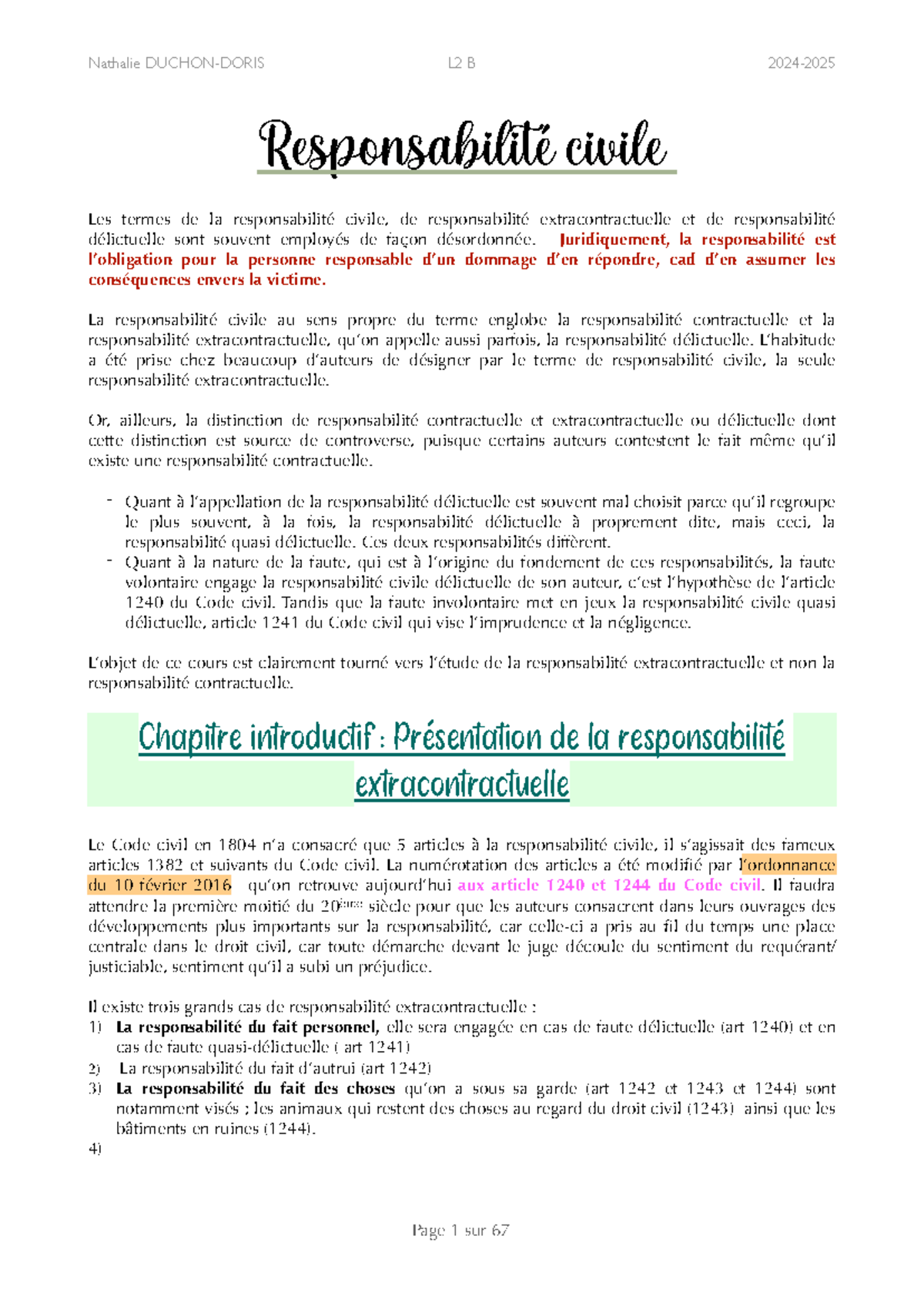 Responsabilité Civile : Concepts et Distinctions - Cours L2 B - Document Preview