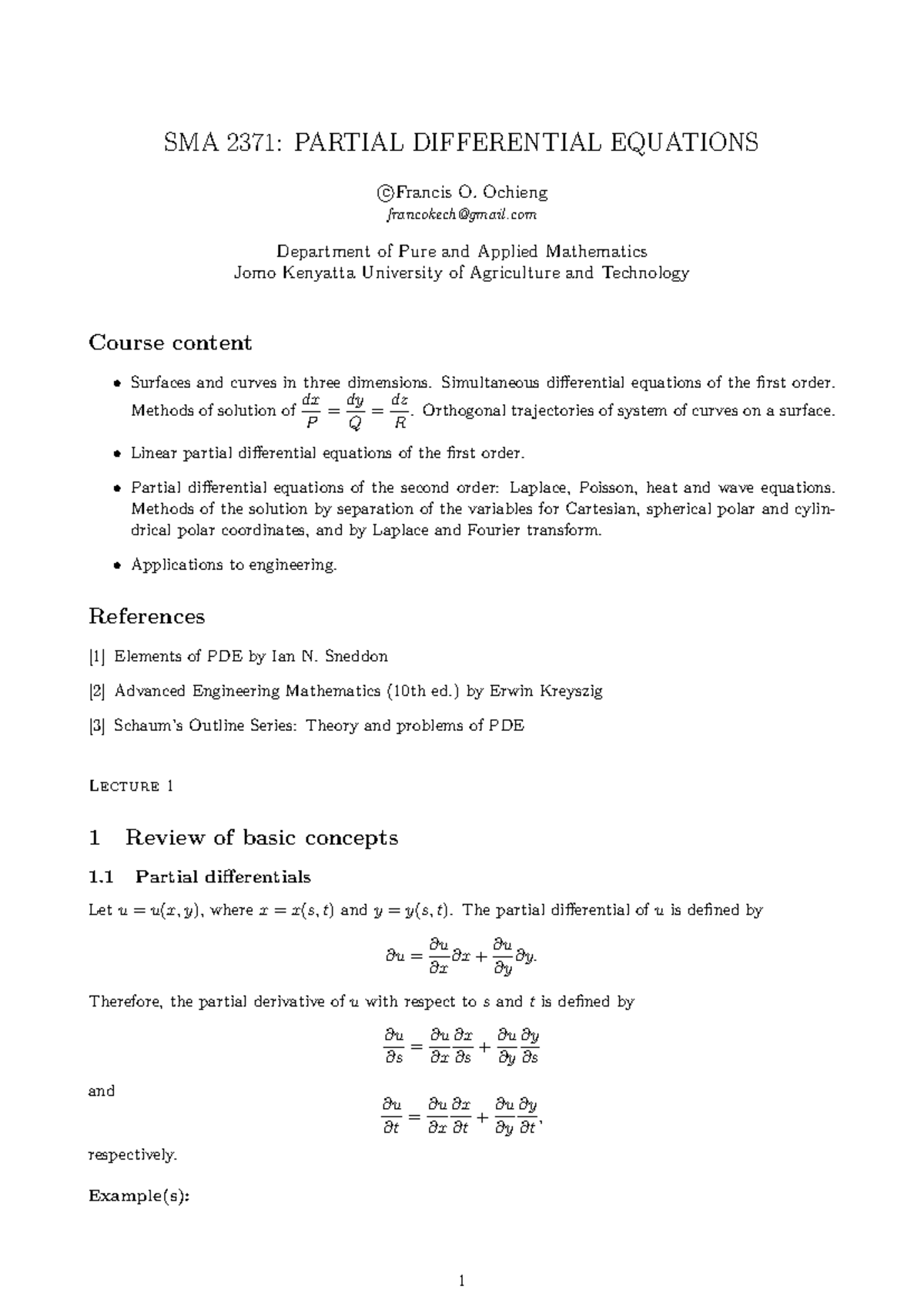 SMA 2371: Lecture Notes on Partial Differential Equations - Studocu