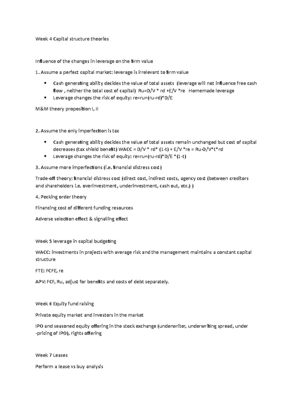 A brief summary of the course - Week 4 Capital structure theories ...