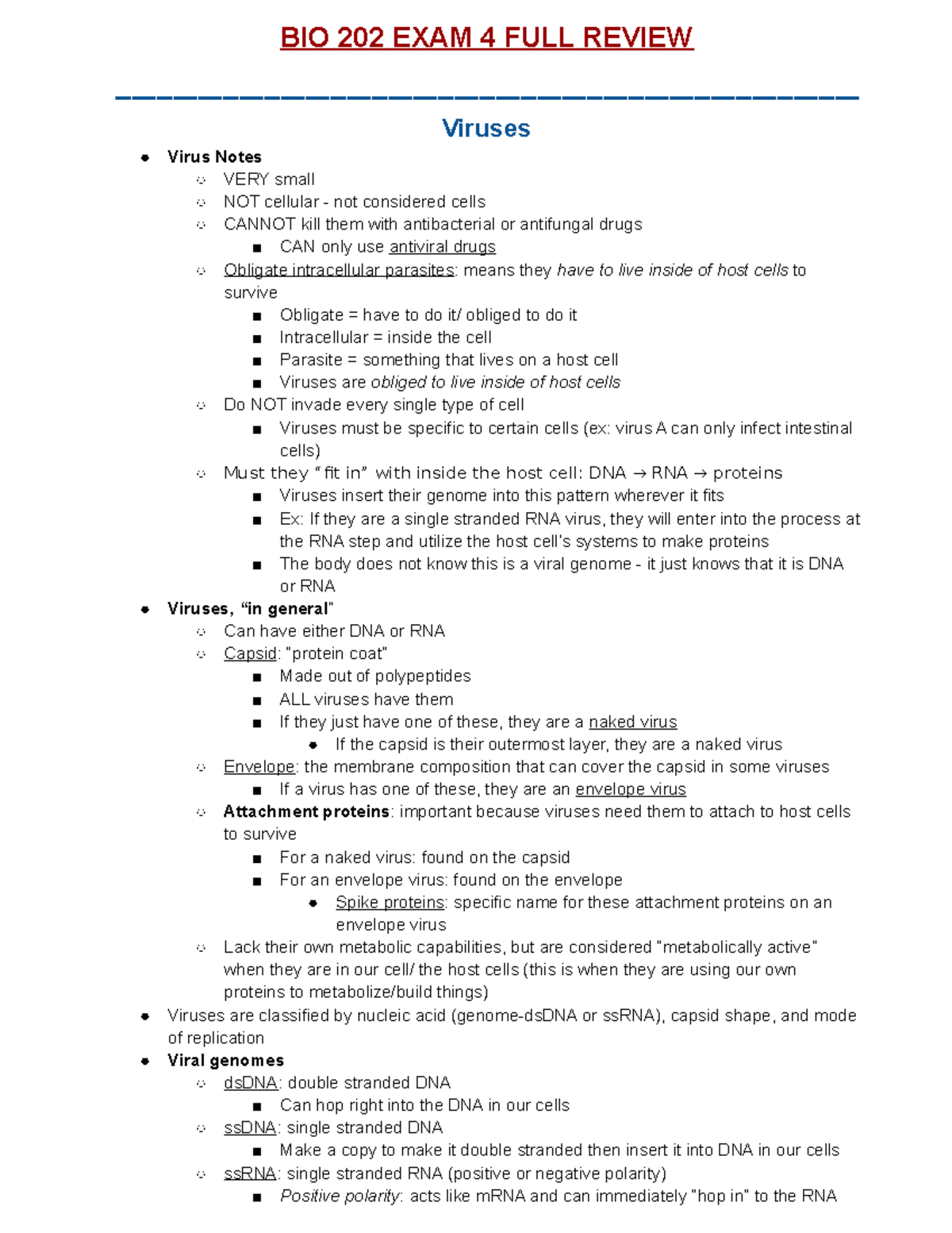 BIO 202 Exam 4 FULL Review - BIO 202 EXAM 4 FULL REVIEW - Viruses Virus ...