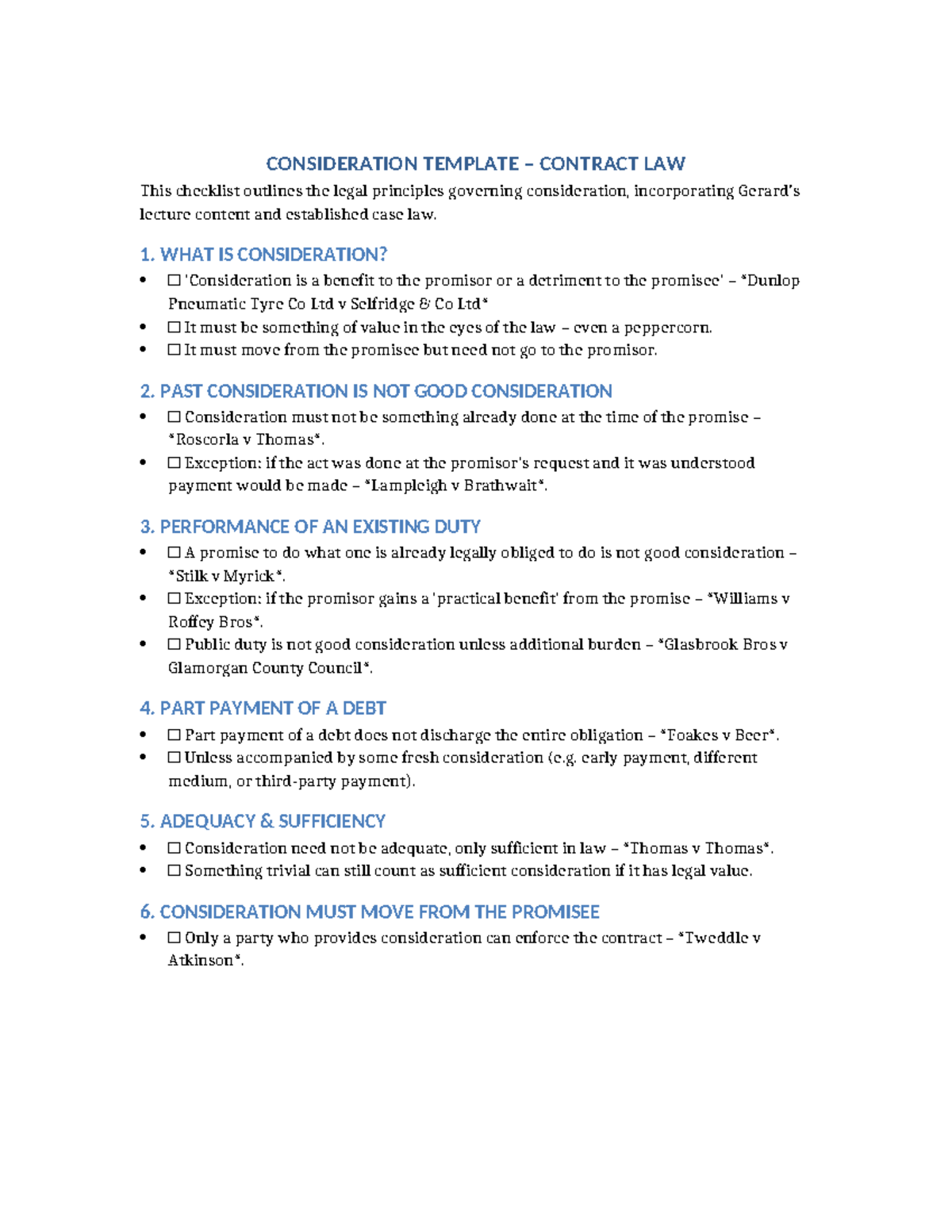 CONTRACT LAW: Consideration Template Checklist for Lectures - Studocu