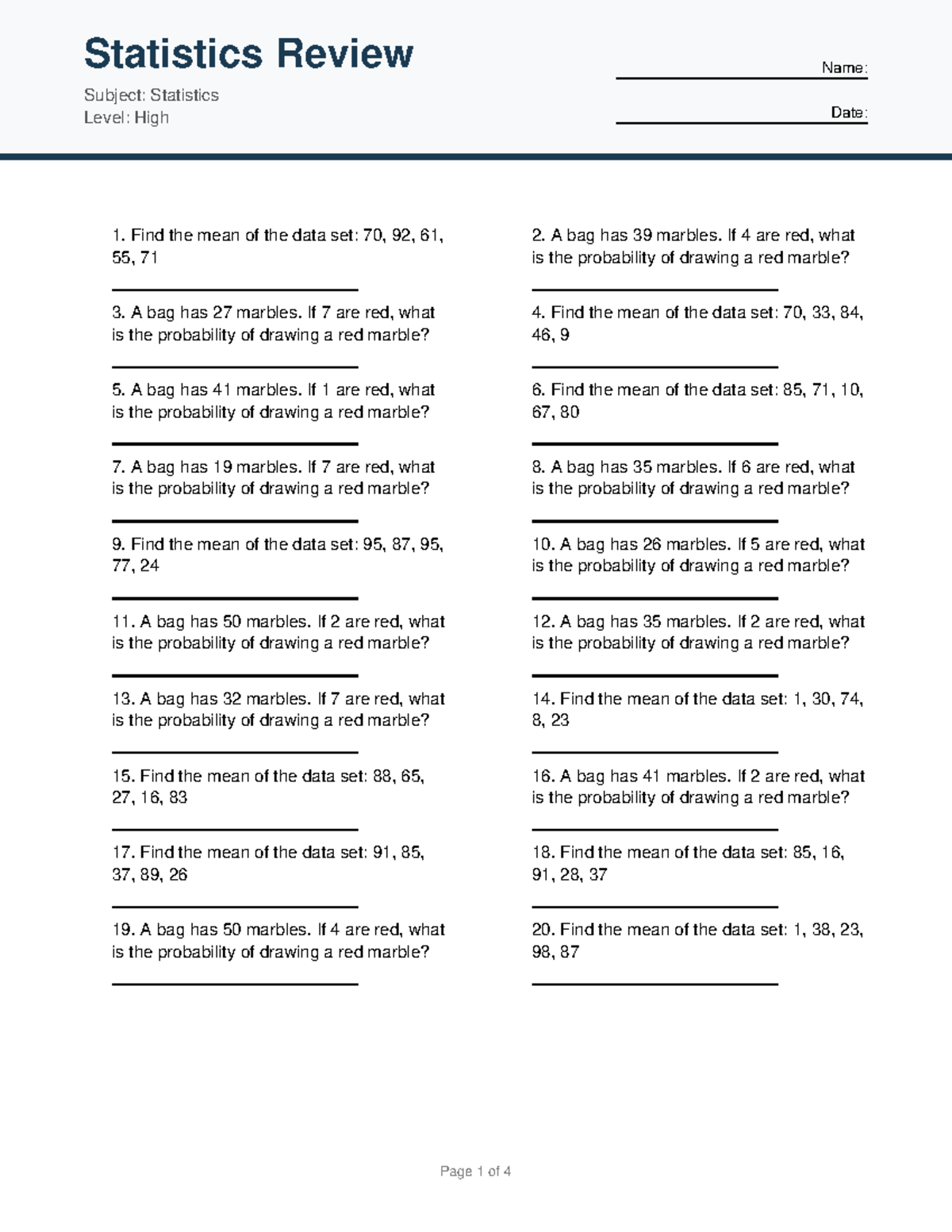 Statistics Review 6: Mean & Probability Exercises - Studocu
