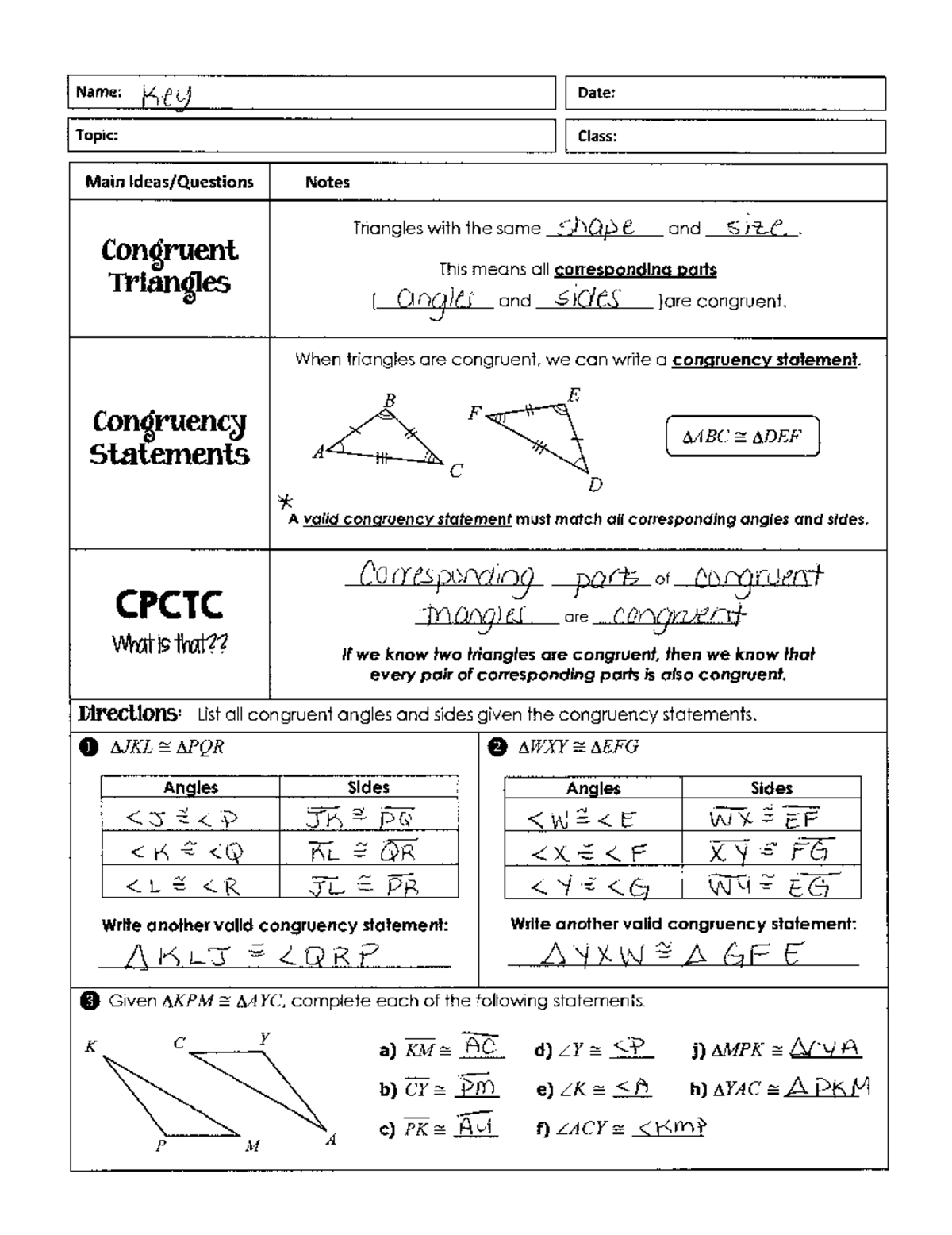 Geometry 4.3 Final Exam Study Notes: Congruent Triangles and Measures ...