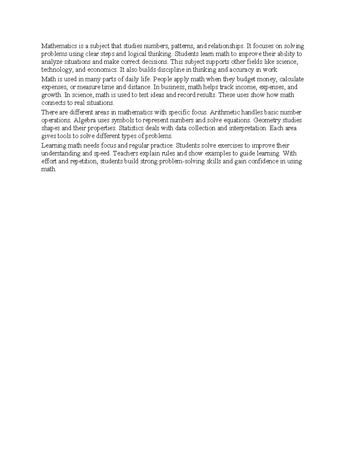 MATH 101 - Essay on the Importance of Mathematics in Daily Life - Studocu