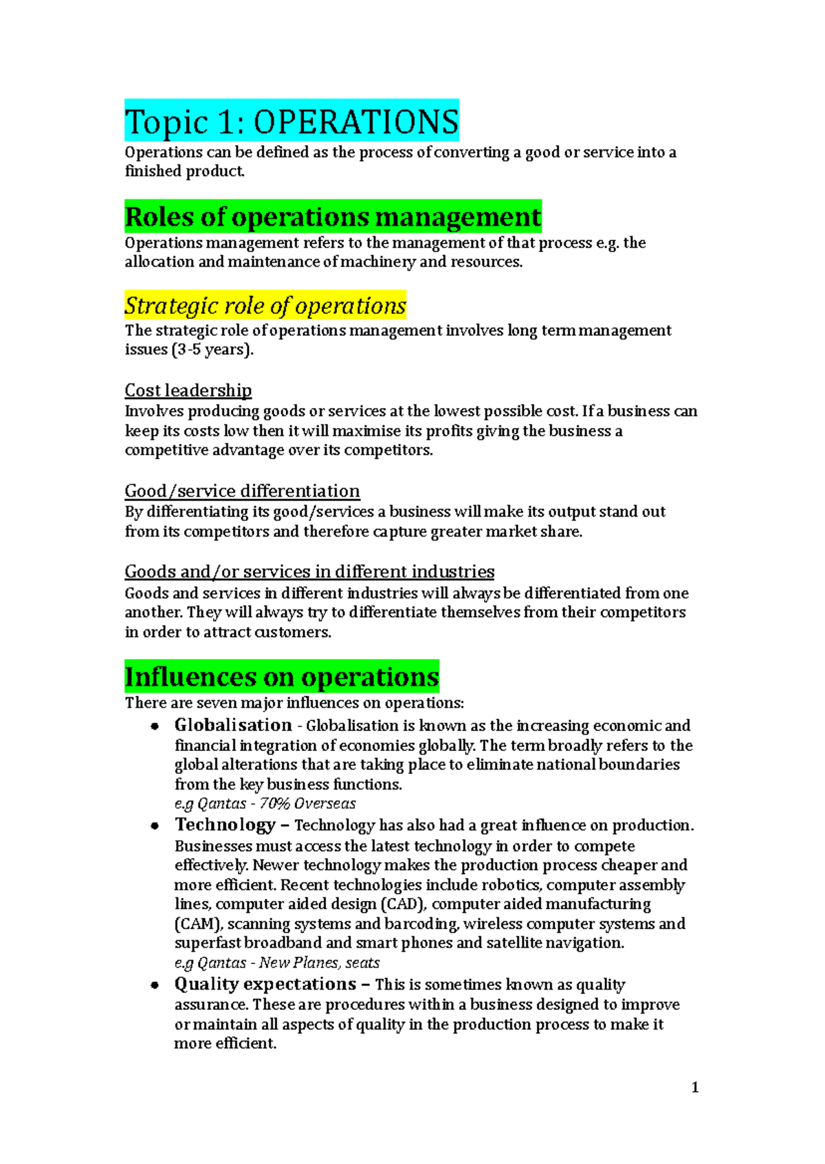 HSC Business Study: Operations Management Overview and Strategies - Studocu
