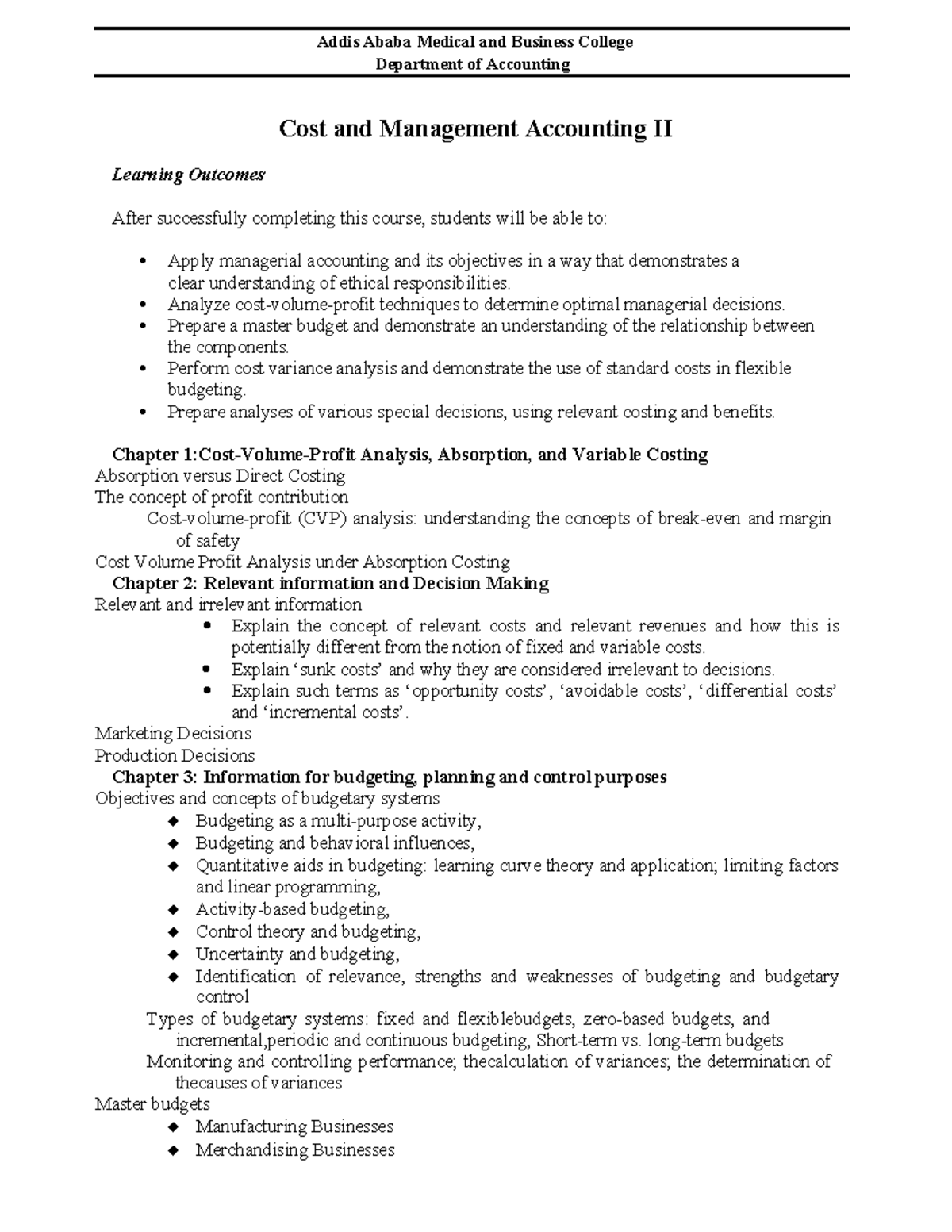 Cost and Management Accounting II: Learning Outcomes and Key Concepts ...