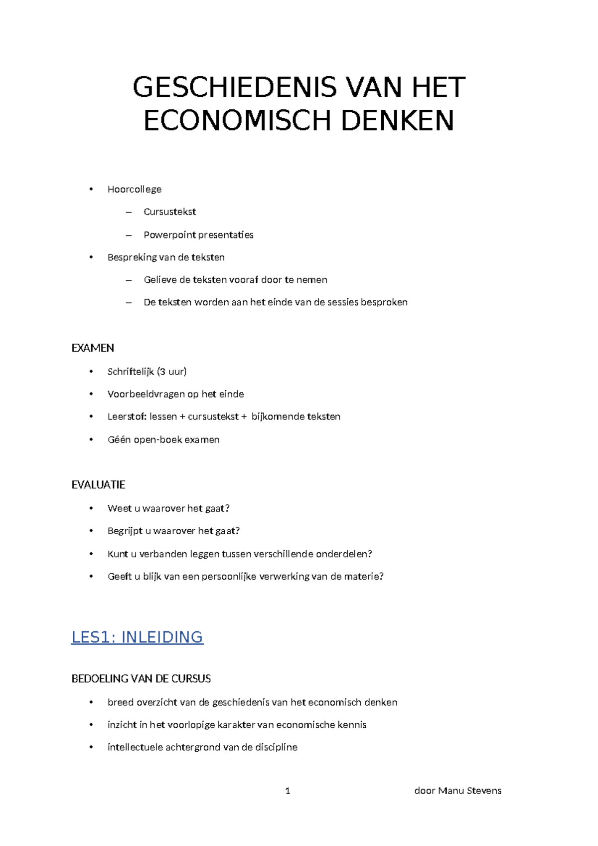 Geschiedenis van het Economisch Denken SV - Hoorcollege en Examenvragen ...