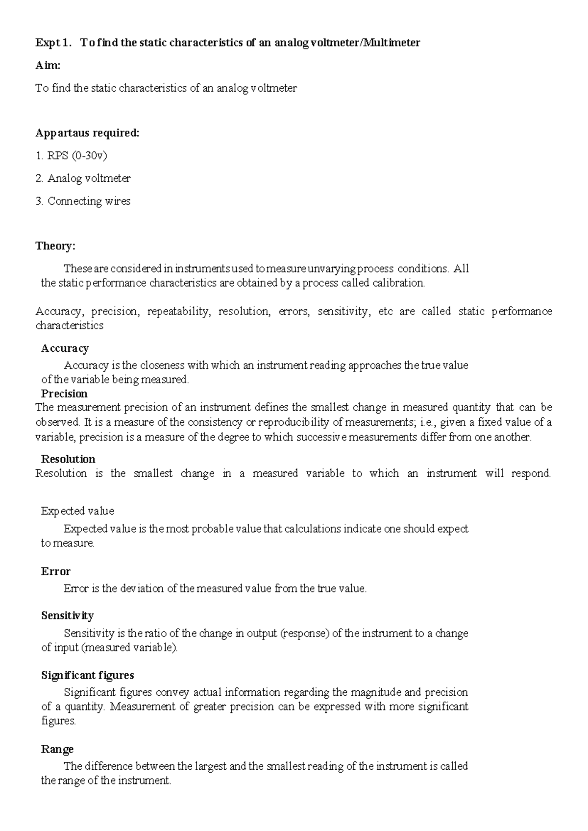 EMTT 101 Lab Manual: Static Characteristics & Calibration Techniques ...
