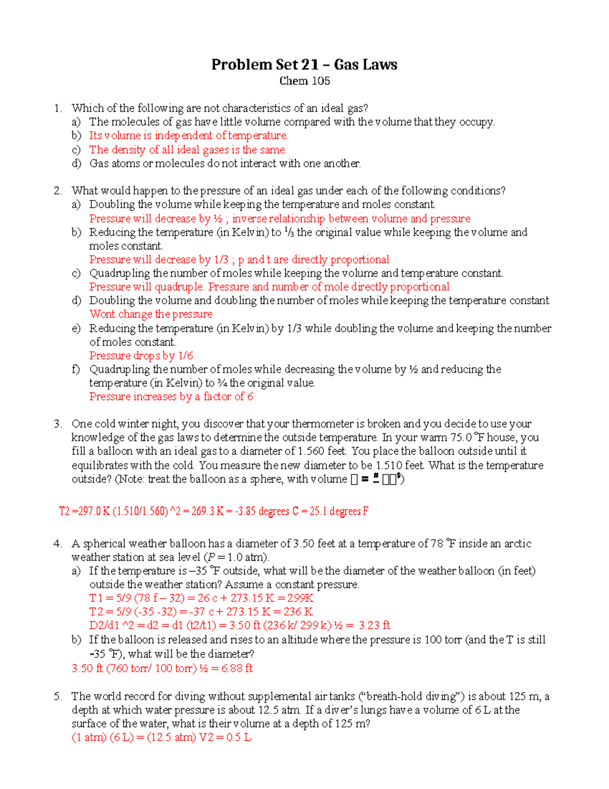 CHEM 105 Problem Set 21: Exploring Gas Laws and Their Applications ...