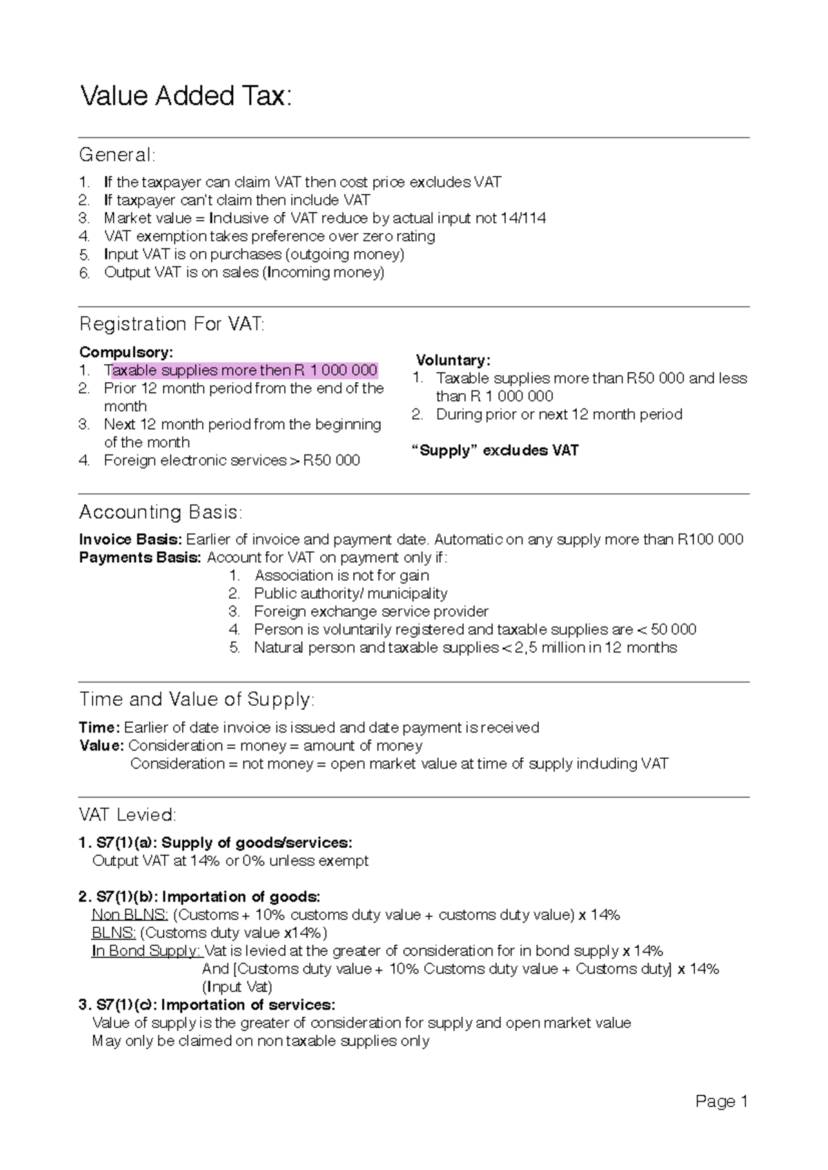 Tax Summary: VAT and Income Tax Overview for Course Code TAX101 - Studocu