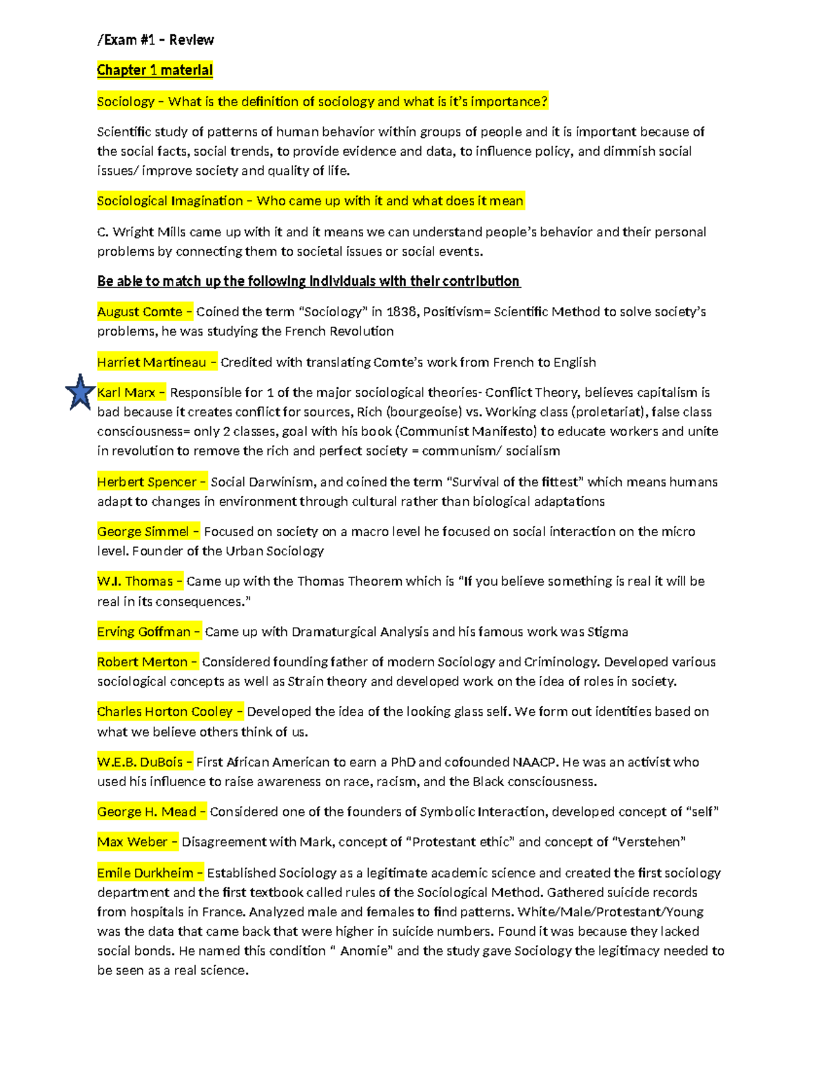 Sociology Exam #1 Review: Overview of Key Theories & Concepts (Ch. 1-3 ...