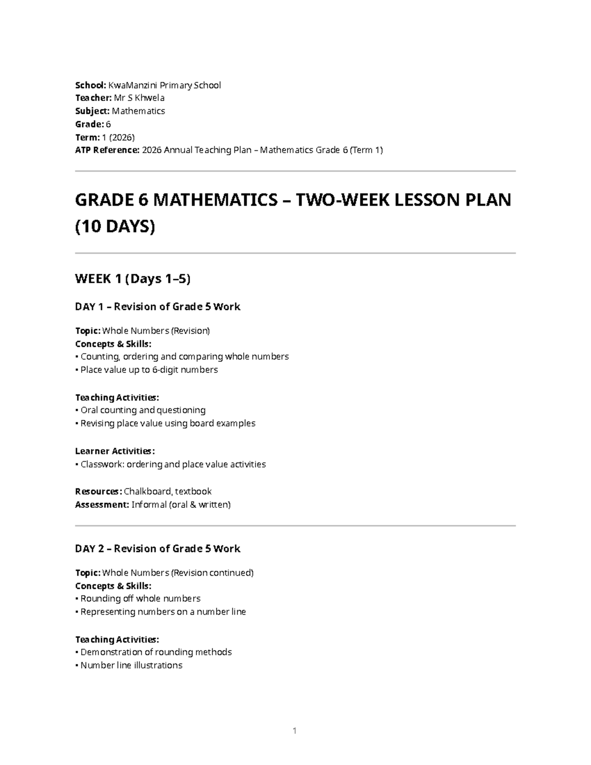 Grade 6 Mathematics Lesson Plans (Term 1, 2026) - Studocu