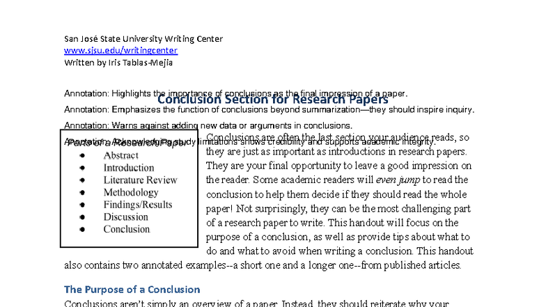 SJSU Writing Center: Conclusion Section Annotations for Research Papers ...