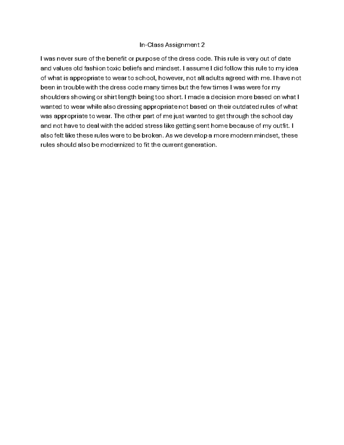 In-Class Assignment 2: Rethinking Dress Code Policies - Studocu