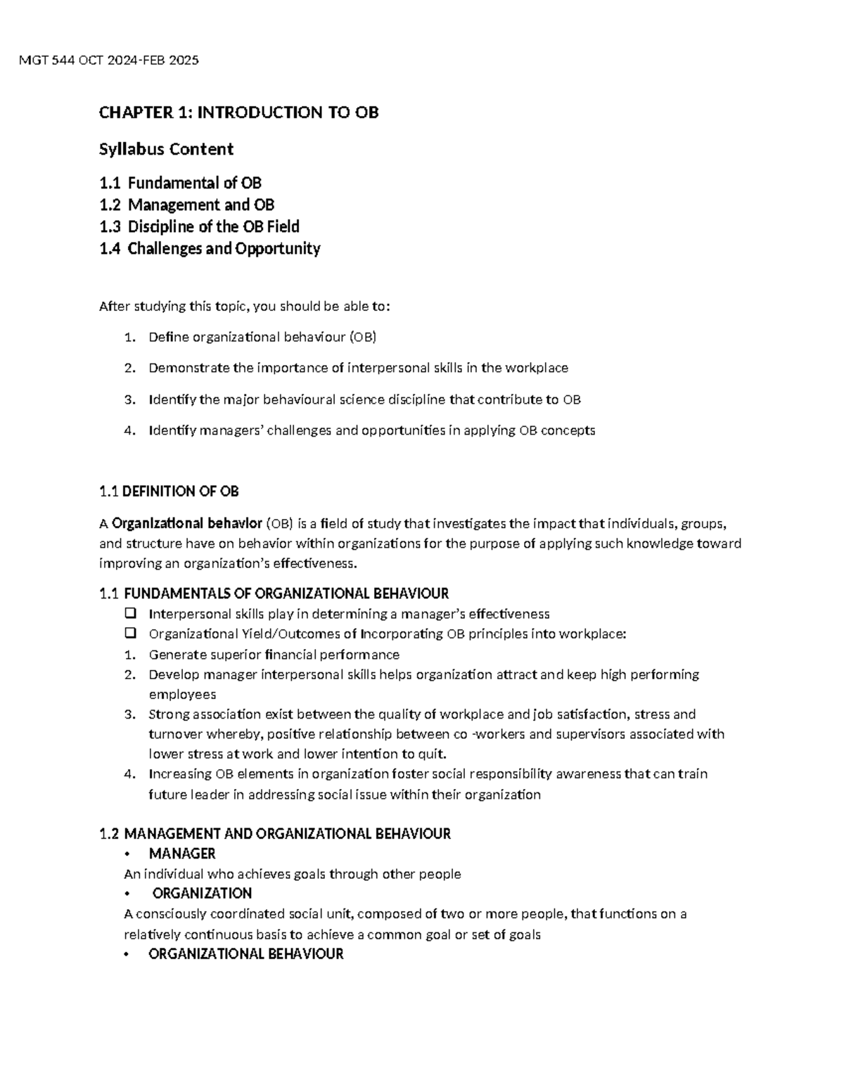 MGT 544 OCT 2025 Chapter 1: Introduction to Organizational Behavior ...