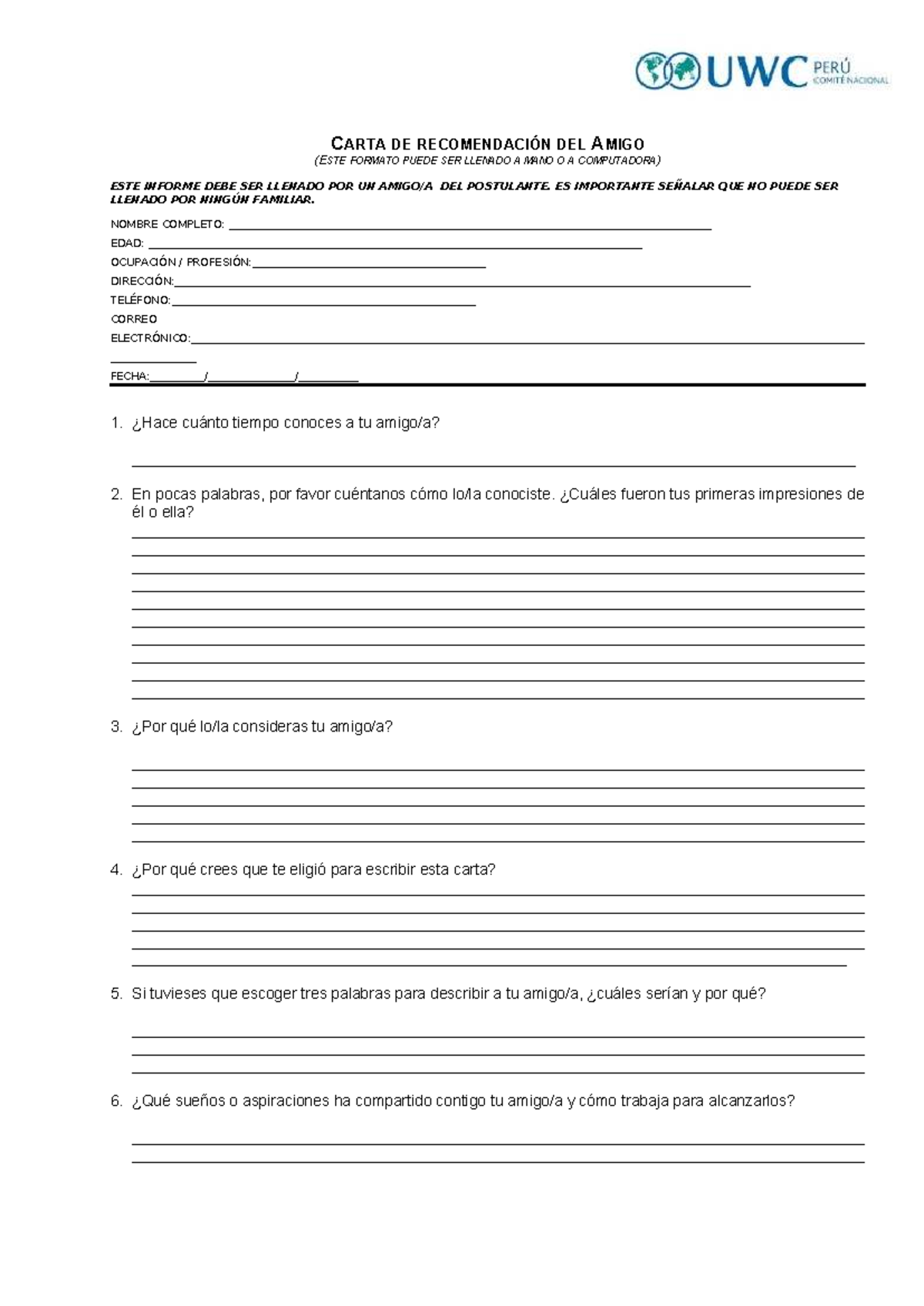 Carta de Recomendación para UWC Perú PS2025 - Document Preview