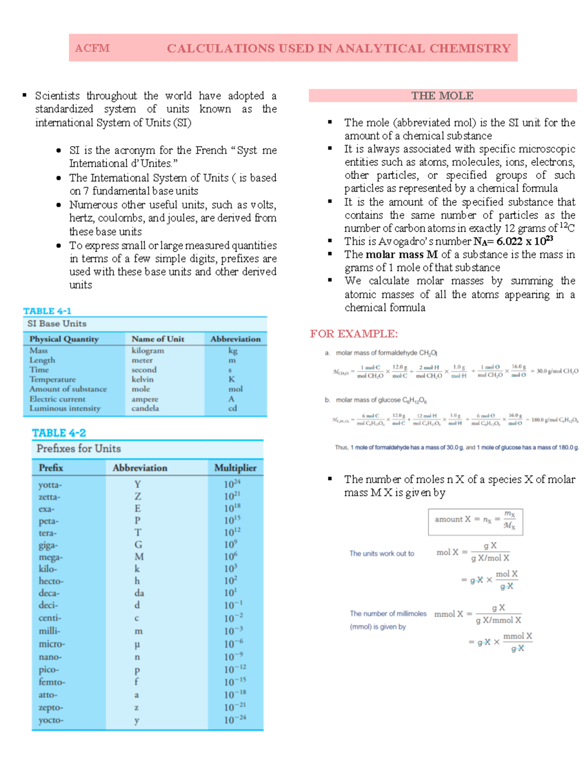 Calculations in Analytical Chemistry: SI Units and Concentrations - Studocu