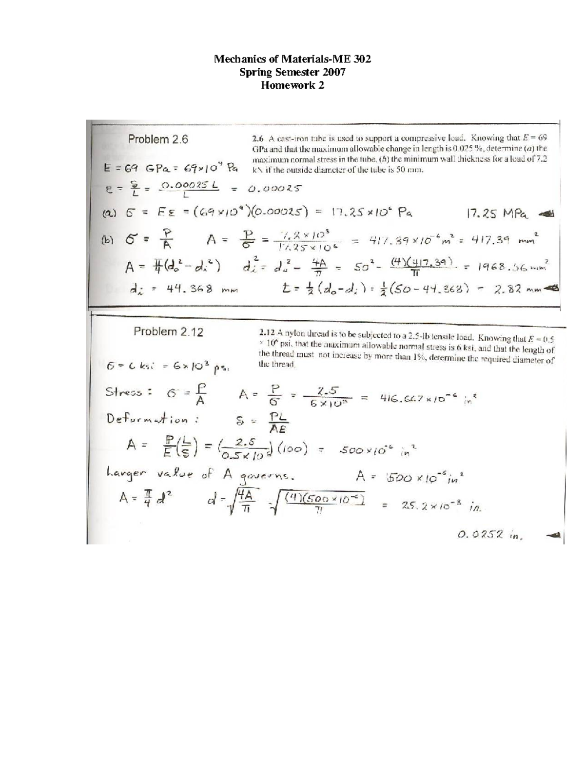 Homework 2 - Mechanics of Materials (ME) - Spring Semester - Studocu