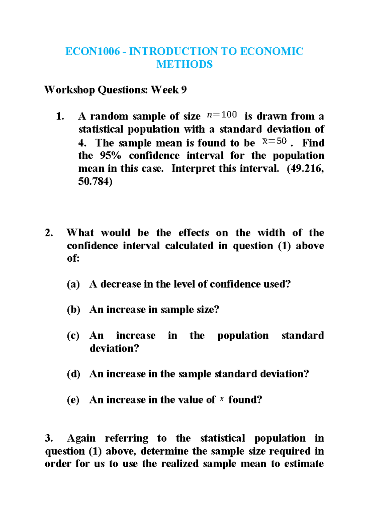 ECON1006 Week 9 Workshop Questions on Economic Methods - Studocu