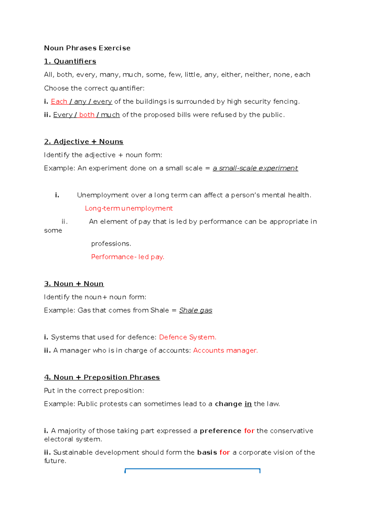 Noun Phrases Exercise 1: Quantifiers, Adjectives, and Noun Forms - Studocu