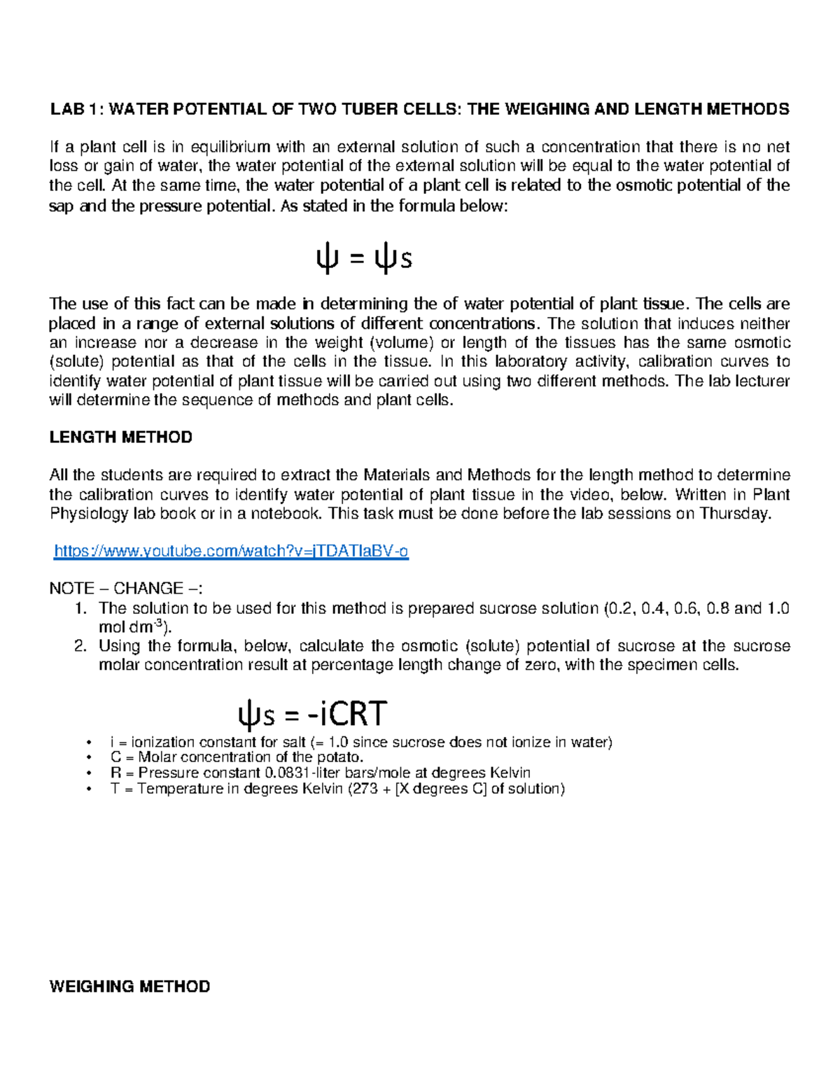 Water Potential Of Potato Tuber Cells