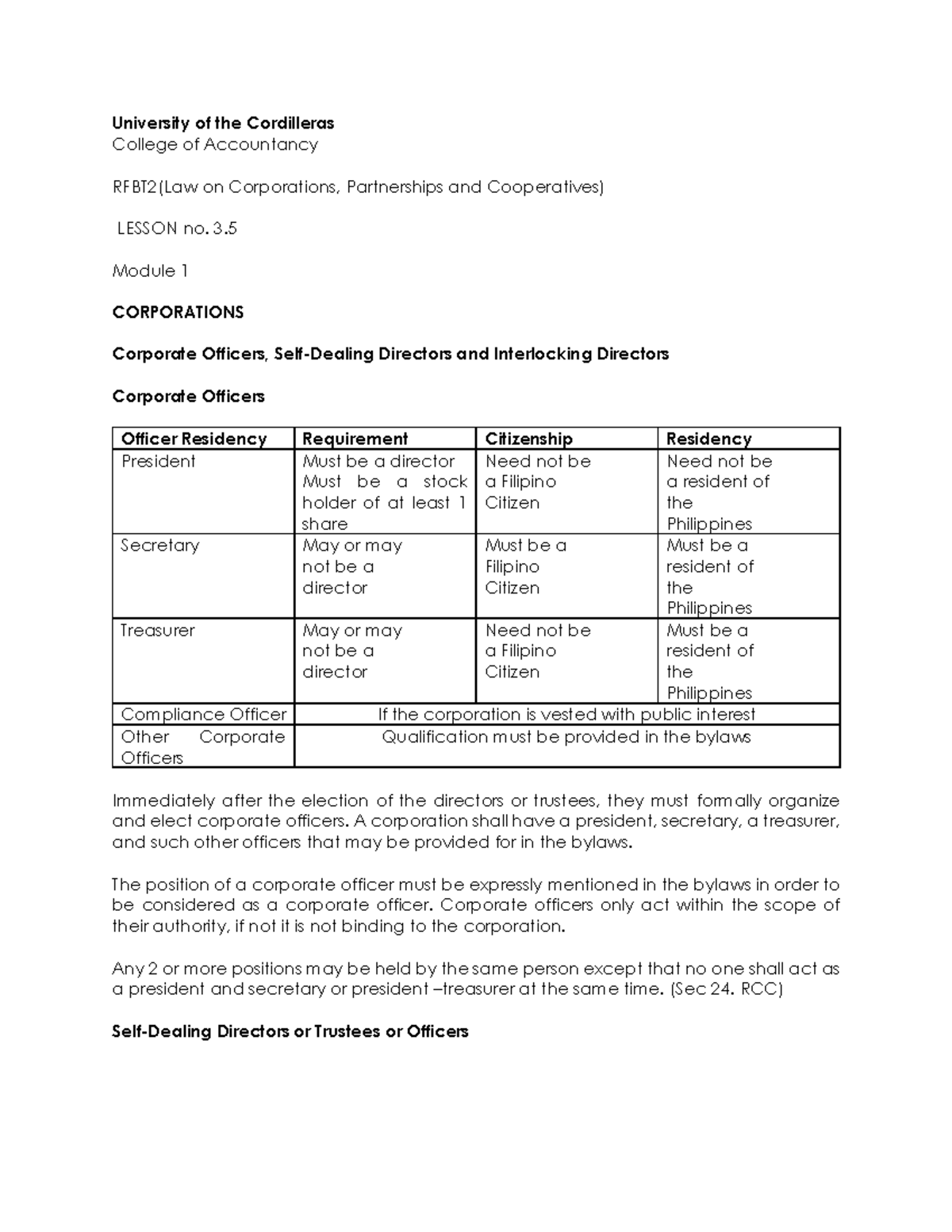 RFBT 2 Corporations Module 1 Lesson 3.5 - University of the Cordilleras ...