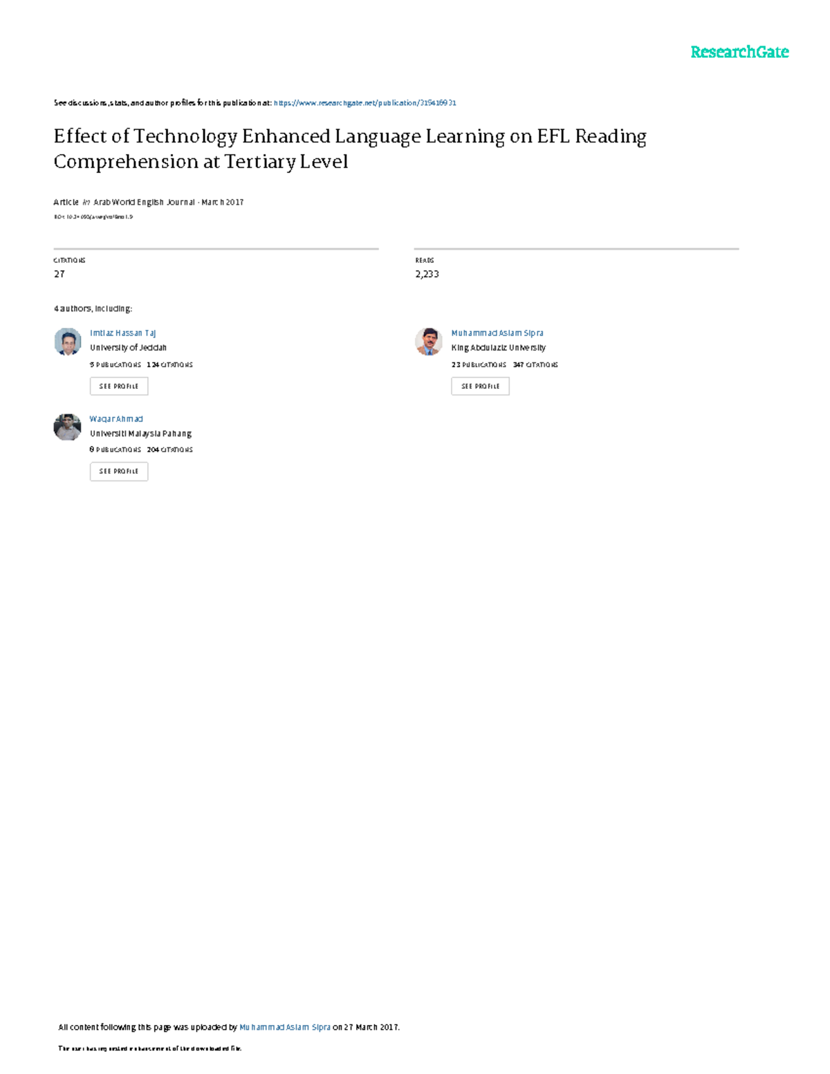 Effect of TELL on EFL Reading Comprehension at Tertiary Level - Studocu