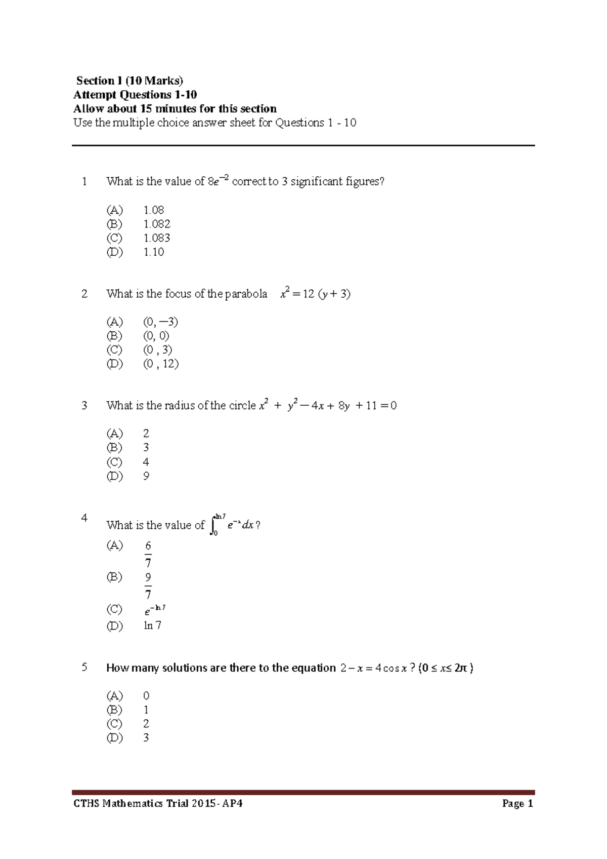 Cherrybrook Tech 2015 2U Mathematics Trial Exam Solutions - Studocu