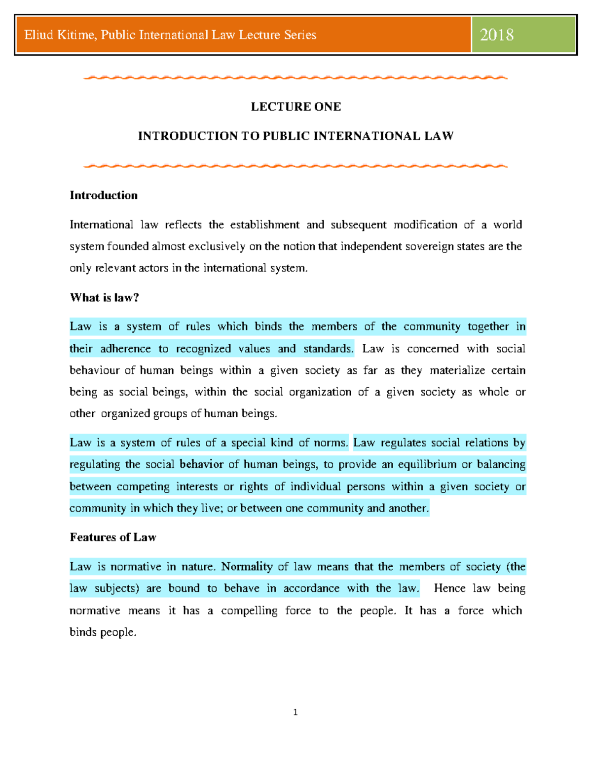 Public International Law LECTURE NOTES - 2ND SEM 2018 - Studocu