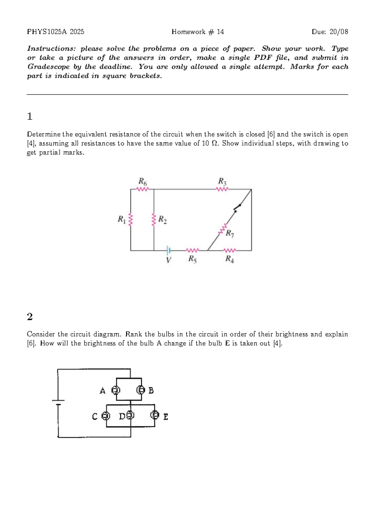 PHYS1025A 2025 Homework 14: Circuit Problems & Instructions - Studocu