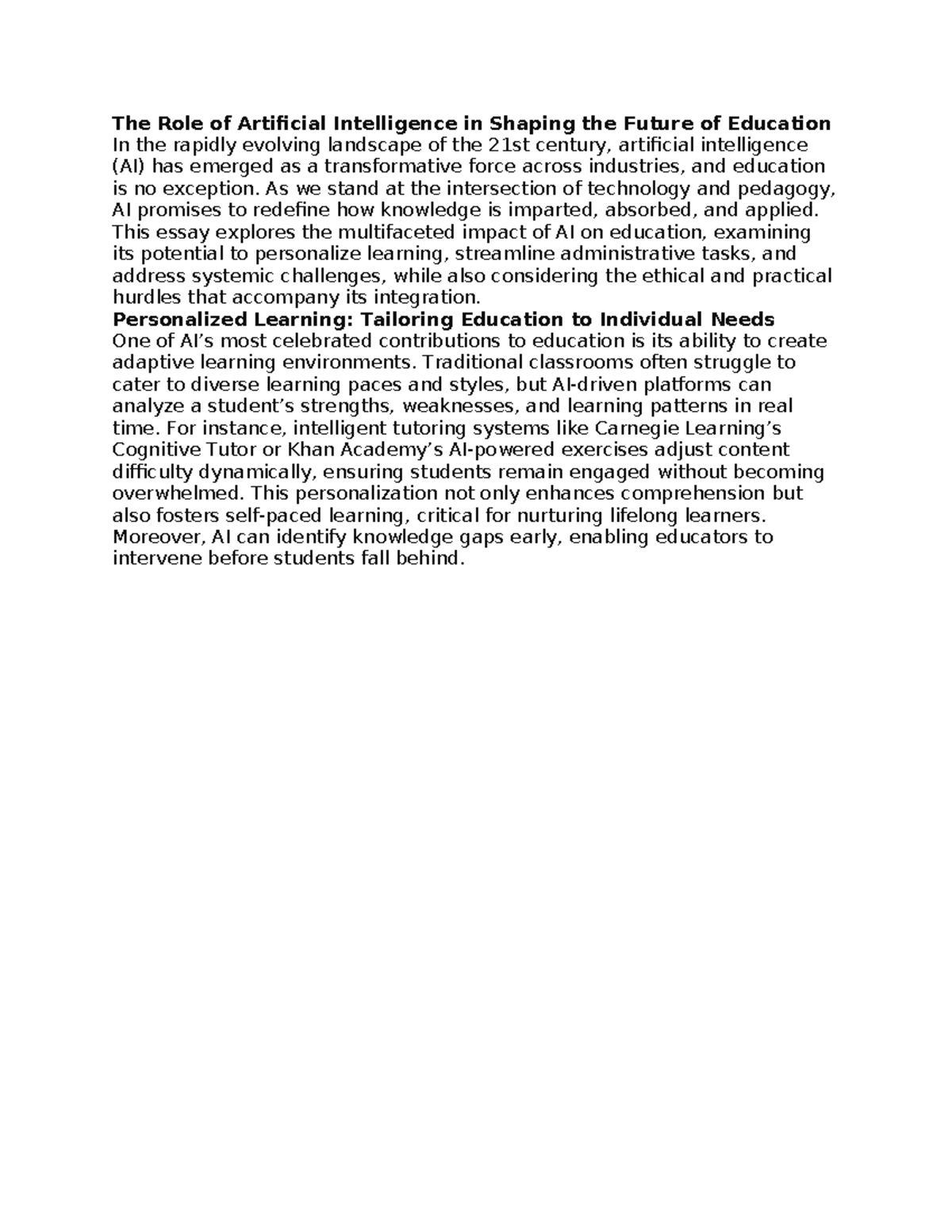 The Impact of AI on Education: A Transformative Essay - Studocu