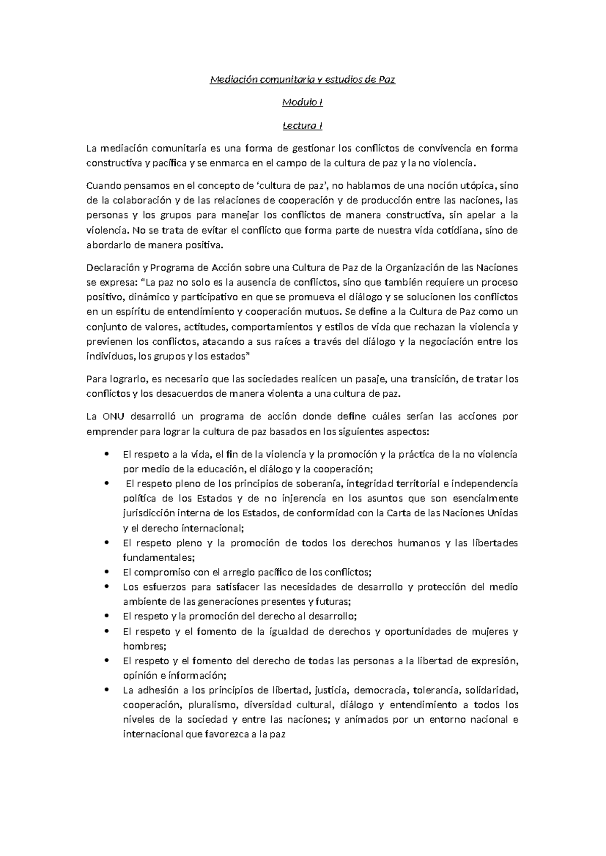 Mediación Comunitaria y Cultura de Paz - Módulo I: Lectura I y II - Studocu