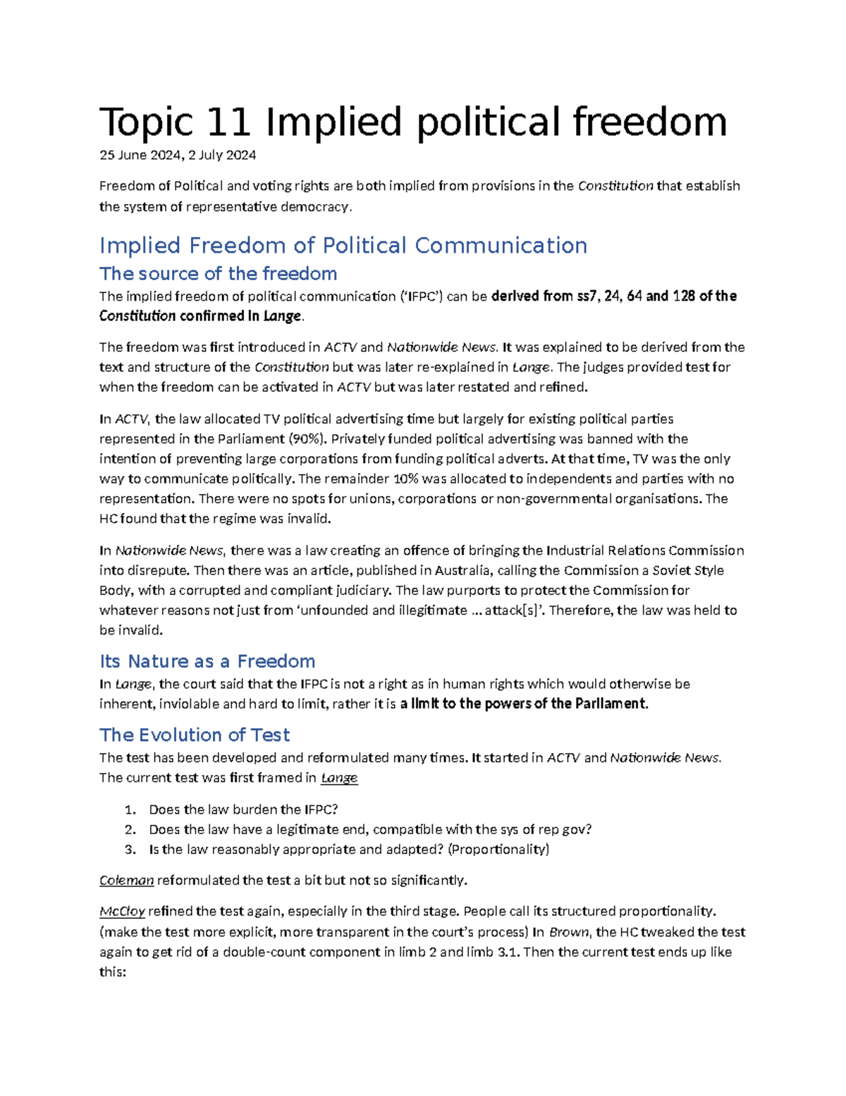 Topic 11: Implied Freedom of Political Communication Notes - Studocu
