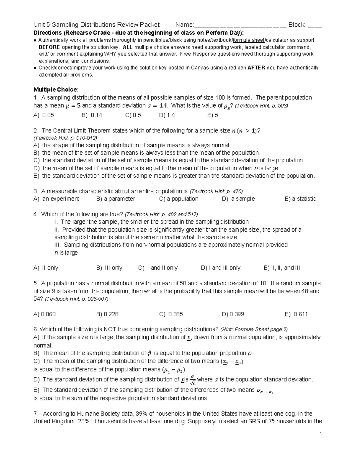 Unit 5 Sampling Distributions Review Packet for Stats 101 - Studocu