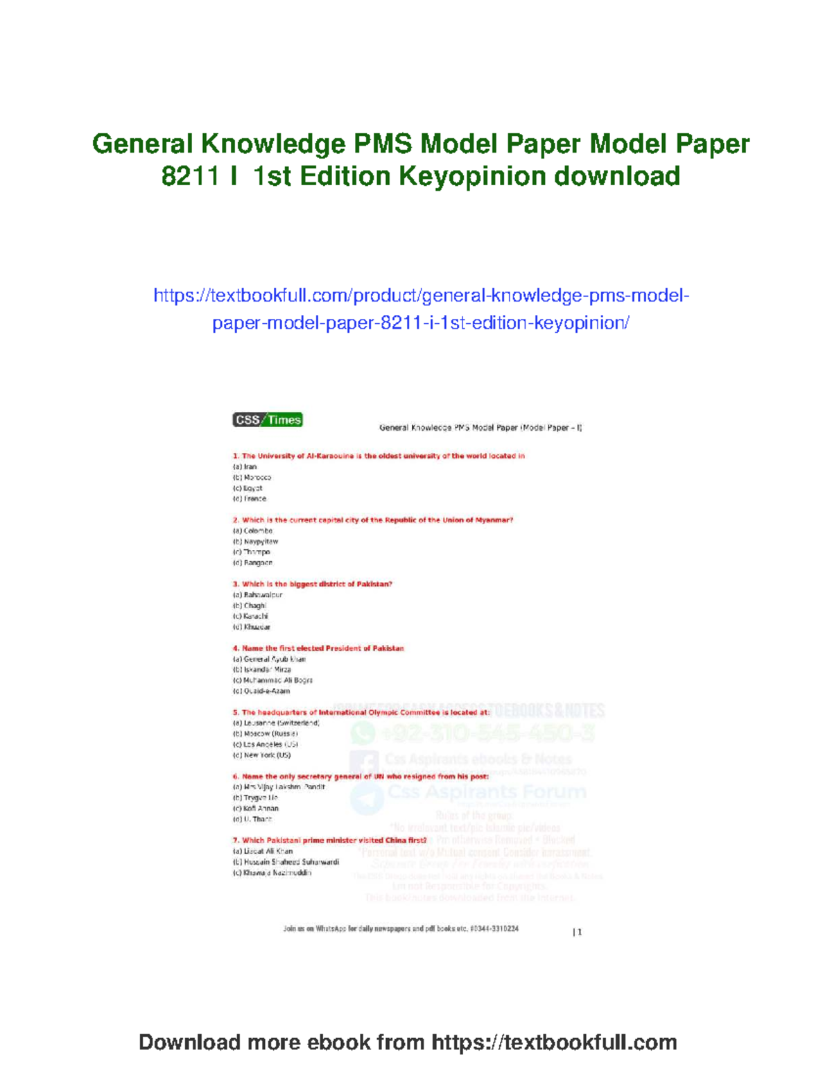 General Knowledge PMS Model Paper I - 1st Edition Quiz Questions - Studocu
