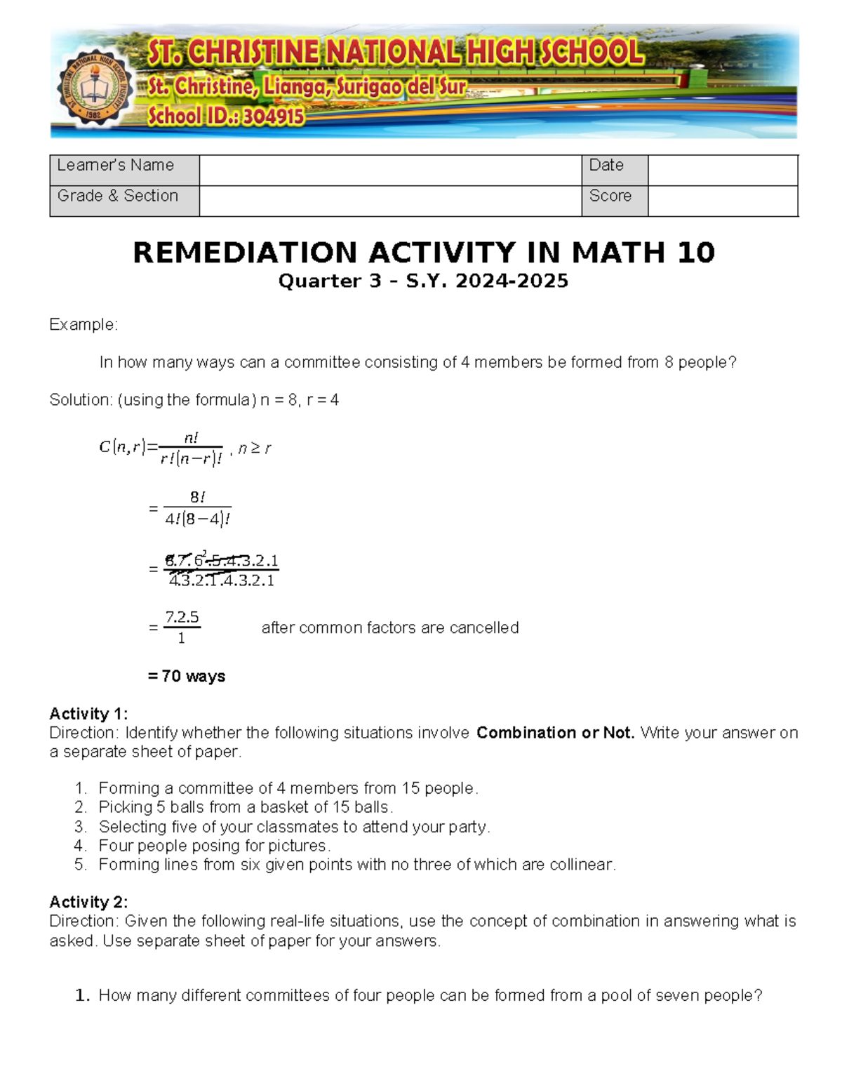 Math 10 Remediation & Reinforcement Activities Q3 S.2024 - Studocu