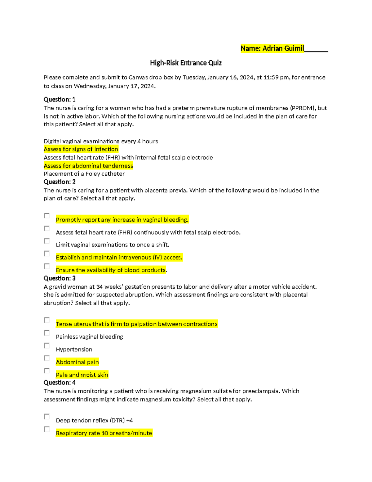 High-Risk Entrance Quiz for Nursing Class (NR 101) - Studocu