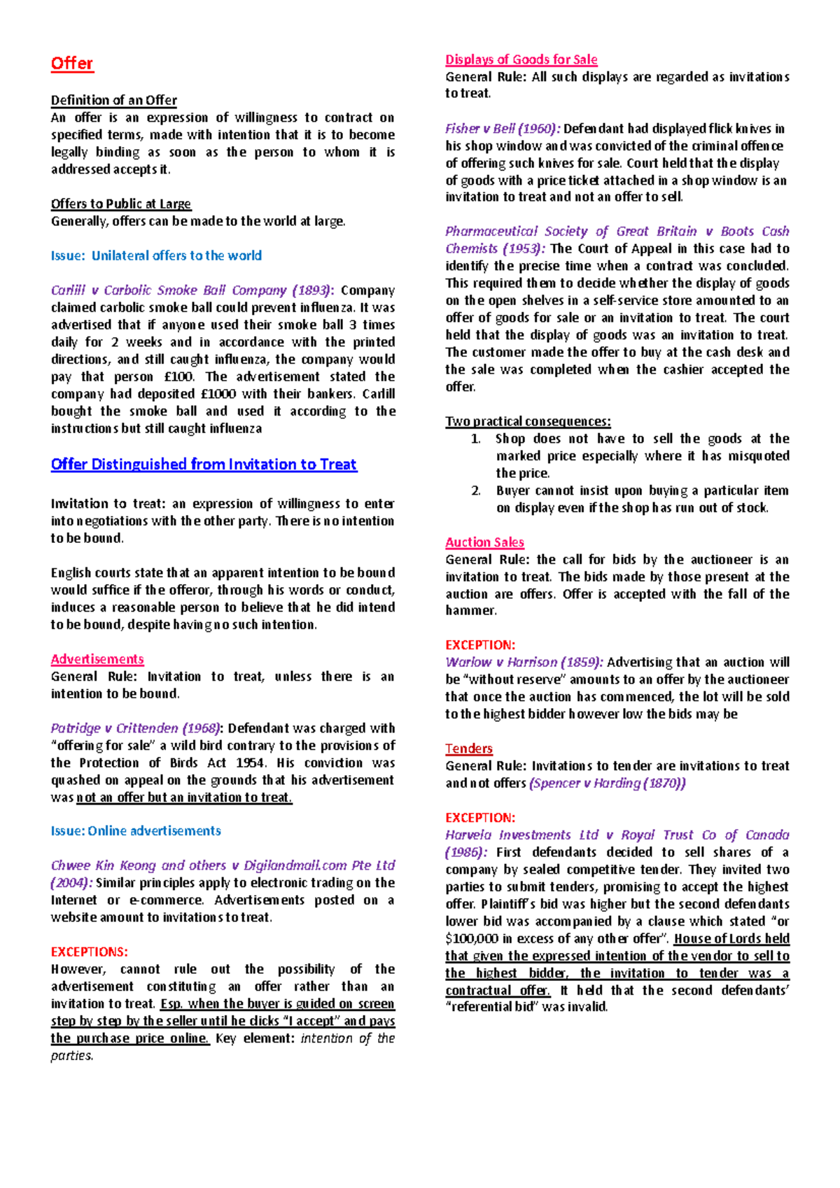 BLAW 101: Comprehensive Notes on Offer and Acceptance Principles - Studocu